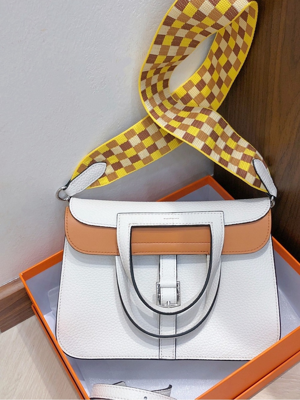 Hermes White and Tan Top-Handle Shoulder Bag with Yellow Checkered Strap